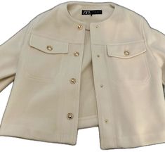 Zara White Outerwear With Button Closure, Zara Brand, Zara Gold, Zara Jackets, White Jacket, Suit Jackets, Blazer Suit, Suit Jacket, Jackets & Coats