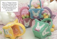 small crocheted baskets with easter eggs in them