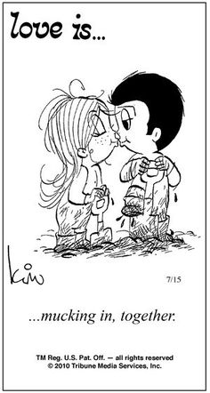 a black and white drawing of two children kissing each other with the caption love is