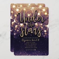 an under the stars birthday party with purple and gold sparkles on it, in front of a black background