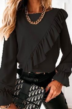 Crewneck Bell Sleeve Ruffle Blouse Shirt Summer Blouses, Chiffon Shirt, Blouse Shirt, Bell Sleeve, Moda Casual, Ladies Tops Fashion, Fashion Casual, Black Shirt, Shirt Blouses