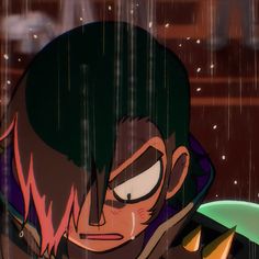 an anime character with black hair and green eyes standing in front of a rain soaked window