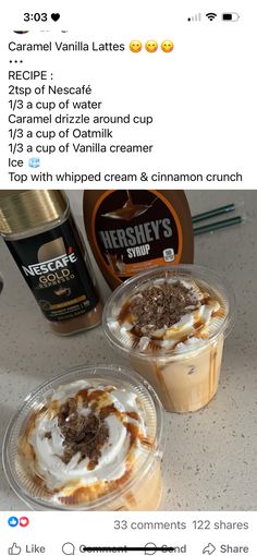 two desserts with whipped cream and cinnamon creme on top are sitting next to each other