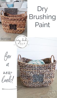 two baskets are shown with the words dry brushing paint on them and one is empty