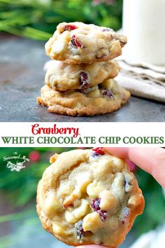 cranberry white chocolate chip cookies are stacked on top of each other and the bottom is