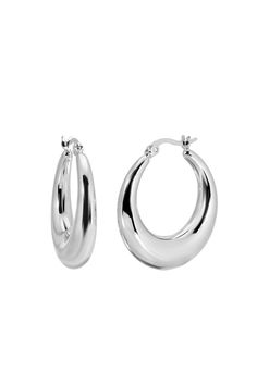 Hollow hoop earrings with curved bottom. Flattering on every lobe. Available in 14kt gold plated brass or Rhodium plated brass Measures 1.25" in diameter Product weight 5.0 grams per earring Latch post fastening Sold as a pair Product Care: METAL: Use a soft cloth to gently wipe clean, then remove any remaining impurities with mild diluted soap. Rinse with warm water and dry thoroughly before storing in the provided jewelry pouch. Do not use abrasive cleaners, steamers or ultrasonic machines. GE Polished Metal Hoop Huggie Earrings, Formal Metal Hoop Earrings With Shiny Finish, Silver Oval Tarnish Resistant Hoop Earrings, Small Hoop Metal Earrings With Shiny Finish, Elegant Hypoallergenic Crescent Earrings, Elegant Silver Crescent Hoop Earrings, Crescent Silver Tarnish-resistant Earrings, Silver Crescent Earrings Tarnish Resistant, Silver Tarnish Resistant Crescent Earrings