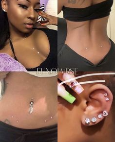 three different pictures of a woman with piercings on her stomach and behind the ear