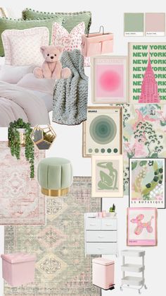 a collage of pink, green and white decor with teddy bear on the bed