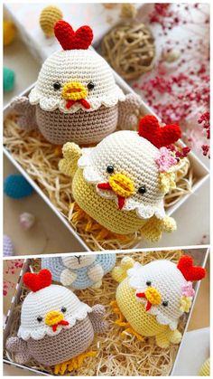 two crocheted chickens are in a box