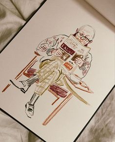 a drawing of an elderly man sitting at a table