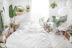 a white bedroom with plants hanging from the ceiling