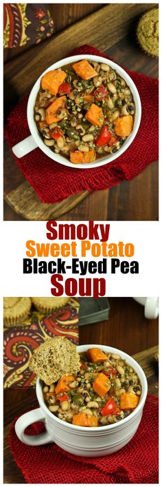 two pictures showing how to make sweet potato and black - eyed pea soup in the slow cooker