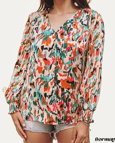 Bormay - Elegant Oversized V-Neck Blouse featuring Long Sleeves and Abstract Watercolor Print Abstract Color, Korean Casual, Cardigan Outfits, Style Cardigan, V Neck Blouse, Abstract Styles, Lantern Sleeves, Abstract Watercolor