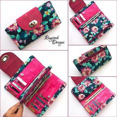 four different images of the inside of a flowered purse with multiple compartments and zippers