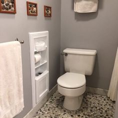 a white toilet sitting in a bathroom next to a towel rack