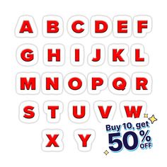 red and white stickers with the words buy 50 % off on each one side