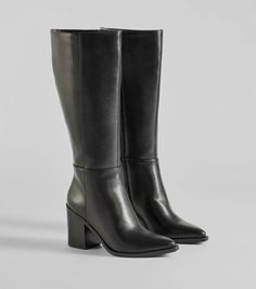 Strut in these fashionable faux leather boots for insta-worthy looks all season! They boast a sleek pointed toe and block heel, an inner zipper closure to secure the style, and the perfect under-the-knee length shaft for styling with short dresses, skirts, or midis. Complete the look with a chic tote bag.Fit & Features3" Block heel, 7.5" leg opening, 14" shaft heightFaux leather materialPointed toeInner zipper closureUnder-the-knee length shaftRuns true to size Under The Knee Boots Outfits, Fall Black Boots, Tights With Heels, Orange Homecoming Dresses, Purple Homecoming Dress, Homecoming Shoes, Backless Dress Short, Elegant Boots, Black High Boots