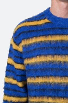 the Striped Mohair Sweater is a custom striped knit sweater that is constructed from a synthetic yarn and features a standard fit, and is finished in a brushed exterior texture. details classic fit 100% polyester model is 6’1, 140 lbs and wears a size medium washing instructions: due to the fabric content on this style, dry clean only final sale items are not eligible for return, exchange or credit without exception. Knit Stripe Sweater, Exterior Texture, Raglan Cardigan, Striped Knit Sweater, 140 Lbs, Sherpa Pullover, Mohair Sweater, Denim Flares, Striped Knit