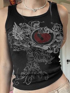 Y2K E-Girls Floral Long Sleeve Crop Top Heart Rhinestone Rib Crop Tank Top - AnotherChill Estilo Grunge, Black Crop Top Tank, Graphic Tank Tops, Knitted Tops, Cropped Tops, Streetwear Tshirt, Top Cropped, Print Crop Tops, Sleeveless Tshirt