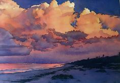 watercolor painting of clouds over the ocean