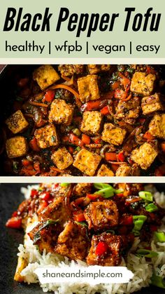 black pepper tofu with rice and vegetables in a skillet