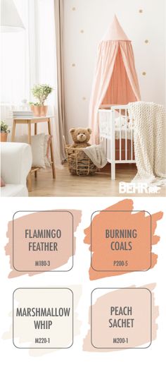 a baby's room with peach and white paint colors on the walls, furniture and decor