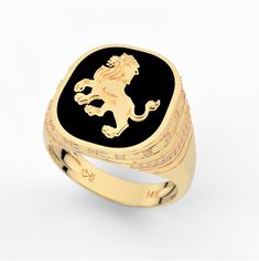 This impressive men's lion ring in solid 14k gold, set with 52 natural diamonds totaling 0.28 carats, is a standout accent. Crafted in Israel, it would make the perfect Bar Mitzvah gift and express the strength and style of its wearer. Product Number: 2516.2* Handmade Jewelry from Jerusalem, Israel PRODUCT DETAILS: "The Lion is considered a protector and a symbol of power and success. Therefore, if you wear a Lion Ring on the right hand, you activate your leadership skills and the desire to win. When you choose the left hand, a Lion Ring will give more protection and self-confidence." (Read more: bikerringshop.com) "Signet rings have been a practical part of men's fashion for thousands of years. For wealthy and important men, a signet ring was a powerful tool akin to a signature. A signet Mens Pinky Ring, Lion Ring, Gold Lion, Mens Gold Jewelry, Lion Of Judah, Jewelry Statement, Enamel Ring, Mens Gold, Leadership Skills