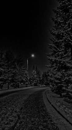 a black and white photo of a street at night with trees in the foreground