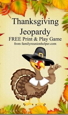 a thanksgiving card with a turkey wearing a pilgrim's hat, and leaves surrounding it