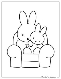 a black and white drawing of two rabbits sitting on a couch with their faces touching each other