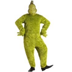 the grin costume is green and has black shoes