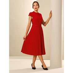 This dress can be a perfect addition to almost any outfit for daily wear, great for work, meetings, weddings, offices, businesses, parties, cocktails, casual, everyday dressing, etc. Pair with flat shoes or high heels for an elegant office look. Comfortable and versatile, this dress is perfect on its own or as a layer under a blazer. Elegant Plain Midi Dress For Work, Plain Fitted Formal Dress, Formal Fitted Plain Dress, Elegant Plain Dresses For Work, Red Pleated Dress For Workwear, Red Pleated Dress For Work, Elegant Plain A-line Midi Dress, Elegant Red Office Dress, Classic Red Dress For Work