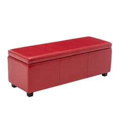 a red leather bench with black legs