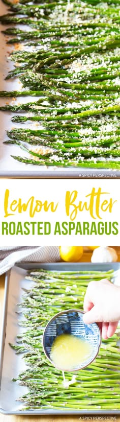 lemon butter roasted asparagus on a baking sheet with a spatula being held over it