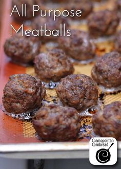 some meatballs are sitting on a pan with the words all purpose meatballs above them