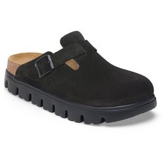 Quarter turn view Women's Birkenstock Footwear style name Boston Chunky Narrow in color Black. Sku: 1028317 Platform Birkenstock, Birkenstock Papillio, Boston Clogs, Black Birkenstock, Suede Clogs, Fresh Perspective, Birkenstock Women, Suede Fashion, Suede Mules