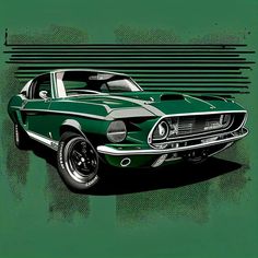 a green and white mustang muscle car on a green background