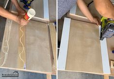 two pictures showing the process of cutting plywood and applying glue to wood planks