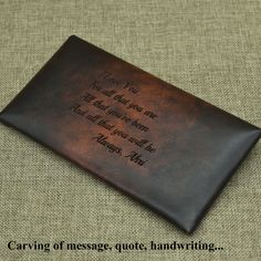 "- Made from high quality leather (vegetable tanned leather). Vegetable tanned leather is a luxury leather. - This item is hand dyed, so colors may vary slightly, no two are exactly alike -100% top quality leather . Through the time with you, the wallet will become you: your sweat, the sunlight...It will be darker, smoother, nicer. - If you want this wallet with the personalization, please write in \" note to seller \" your choice of text /song /wisdom /thoughts /initials /name - Dimensions ( wh Leather Card Holder With Leather Lining For Gift, Brown Envelope Wallet As Gift, Rectangular Card Holder With Leather Lining For Gift, Leather Envelope Card Holder, Envelope Clutch With Interior Card Slots As Gift, Rectangular Card Holder With Leather Lining, Envelope Clutch As A Gift In Brown, Brown Envelope Clutch As A Gift, Brown Envelope Clutch For Gift