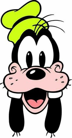 an image of goofy face cartoon character with green hat and black hair, smiling at the camera