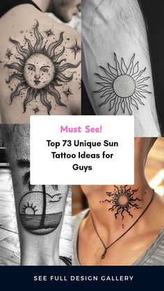 Explore 4 eye-catching sun tattoo designs for guys in this stylish collection highlighted in vibrant styles and meanings.