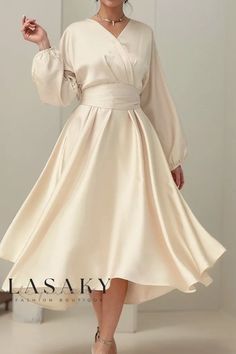 Lasaky - Elegant Satin Long Dress with Billowy Sleeves and Figure-Flattering Silhouette Satin Dress Long, Satin Long Sleeve, High Waist Dress, Elegant Dresses For Women, Sleeves Clothing, Satin Maxi Dress, Satin Midi Dress, Slim Dresses, Daily Dress