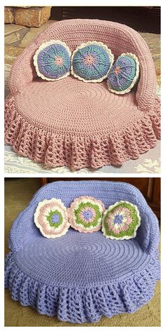 crocheted pillows and blankets are shown in two different pictures, one is pink and the other is blue