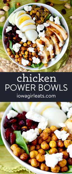 chicken power bowls with cranberry sauce, chickpeas and feta cheese