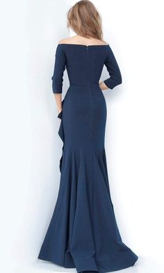 Jovani - 00446 Off Shoulder Drape Crepe Mermaid Dress – Couture Candy Crepe Fabric Dress, Puff Sleeve Gown, Long Sleeve Evening Gowns, Trumpet Dress, Royal Look, Unique Prom Dresses, Formal Evening Dress, Couture Candy, Draped Skirt