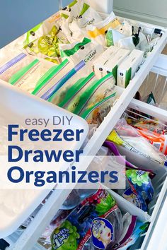 an organized freezer drawer is shown with the words easy diy freezer drawer organizers