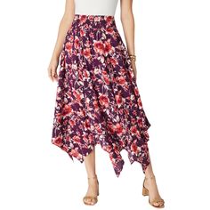 Make any outfit unique and elegant with a gorgeous scarf-print skirt. Smocked, elasticized waistband and asymmetric handkerchief hem. Berry Watercolor, Handkerchief Hem Skirt, Handkerchief Skirt, Outfits Unique, Maxi Lace Skirt, Plus Size Petite, Midi Flare Skirt, Handkerchief Hem, Hem Skirt