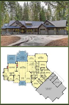 two different views of a house in the woods, one with an open floor plan