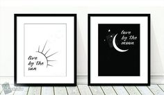 two black and white posters with the words love by the moon