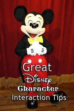 a mickey mouse balloon with the words great disney character interaction tips on it's side